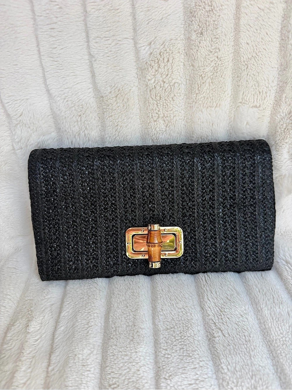 Sondra Roberts Black Woven Clutch with bamboo detail and golden hardware